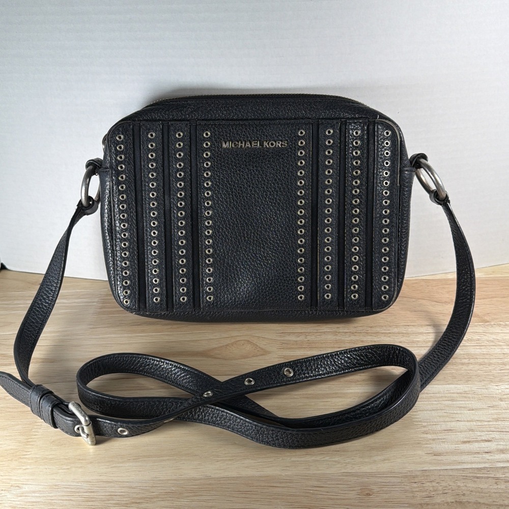 Michael Kors Black Pebbled Leather Grommet Studded Crossbody Shoulder Bag
